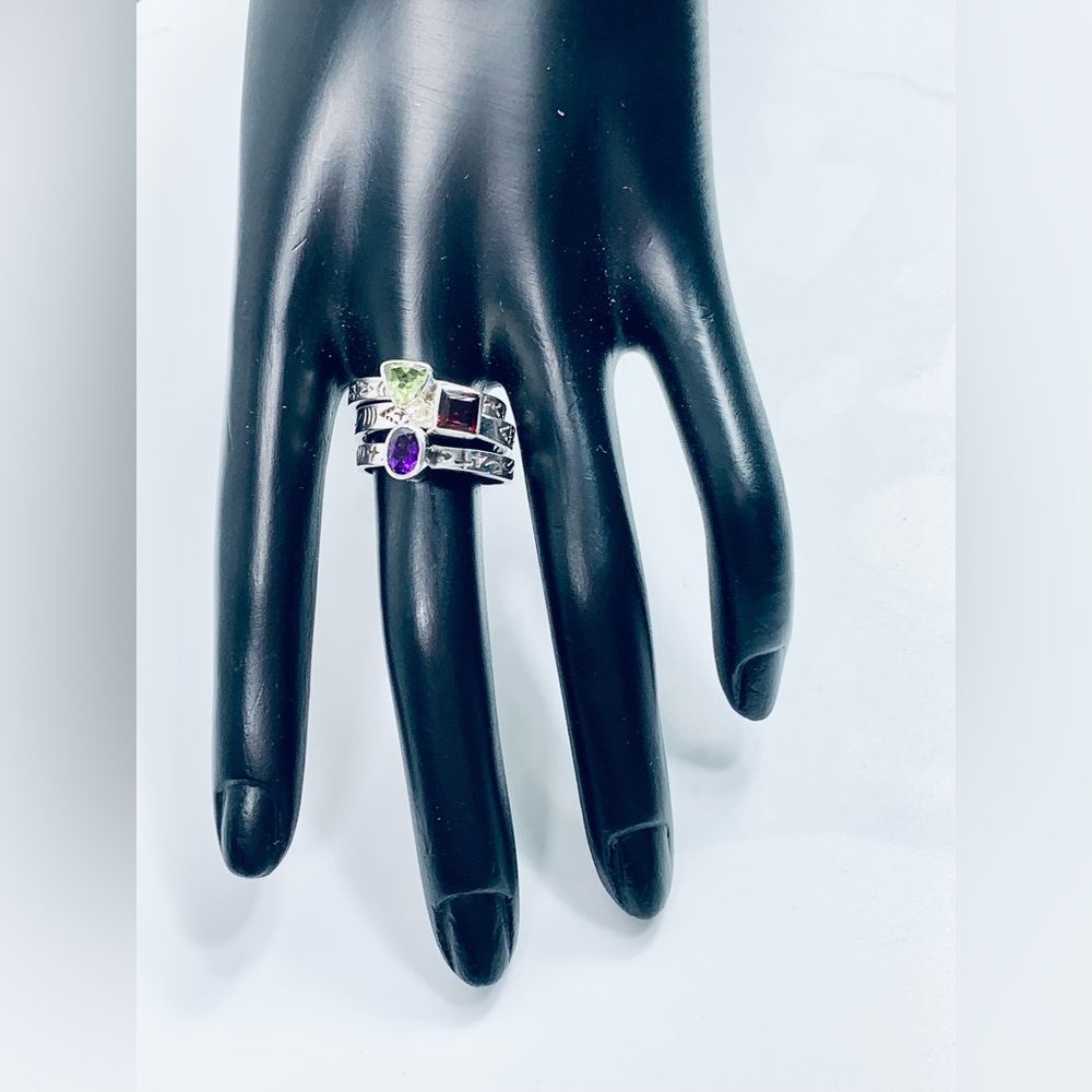 Silpada Rare Engraved Sterling Trio Ring Set w/Amethyst, Peridot & Garnet Stones